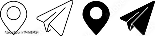 Outline and filled map pin icons with paper airplane symbols