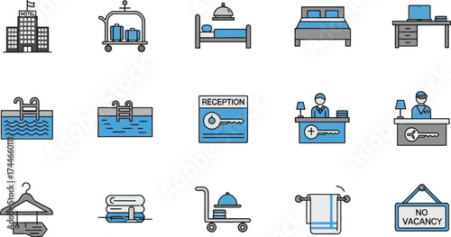 Hotel amenities and services icons including rooms, pool, reception, and other hotel related items