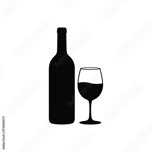 Black silhouette of a wine bottle and glass with red wine glass