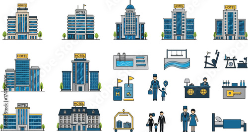 Illustration of various hotel buildings and amenities including staff and guests on a white background