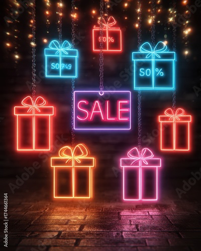 Vibrant Neon Sale Sign with Colorful Gifts on Dark Background