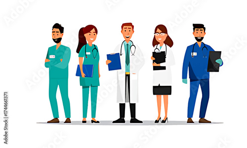 A group of five diverse medical professionals, including doctors and nurses, standing together in a friendly and professional manner against a white background.
