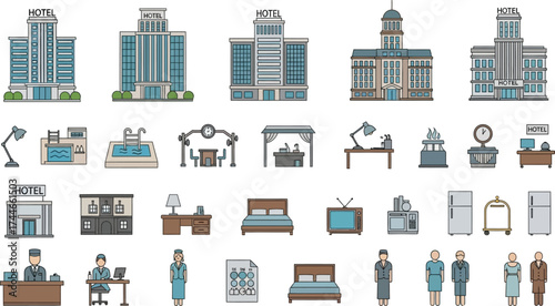 Illustration of various hotel icons including buildings furniture and hotel staff members in a pattern