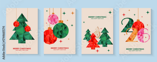 Merry Christmas and Happy New Year background, banner, cover, poster design with trendy flat style.Creative retro hand drawn Christmas cards, Festive xmas concept in modern minimalist geometric style