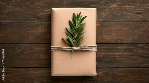Rustic Kraft Paper Gift with Green Sprig on Wooden Background