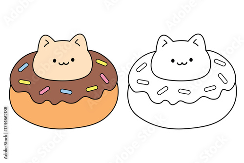Cat with donut chocolate glaze coloring pages for kids vector