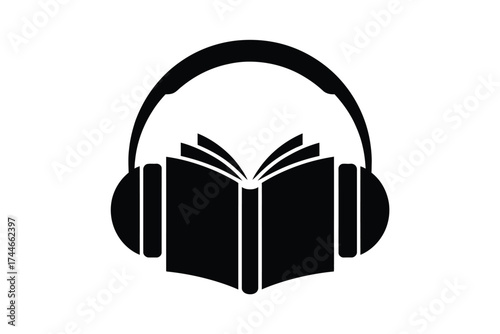 Black silhouette of an open book with headphones audio listening