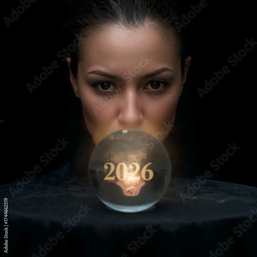Visionary Gaze: The captivating gaze of an individual peering intently into a mystical crystal ball, revealing the year 2026, creates an aura of mystery and the unknown.