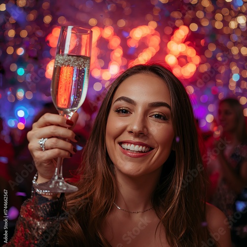 Celebration with Champagne: A radiant person is toasting the new year, a champagne glass gleaming with effervescence. The scene is framed by soft.