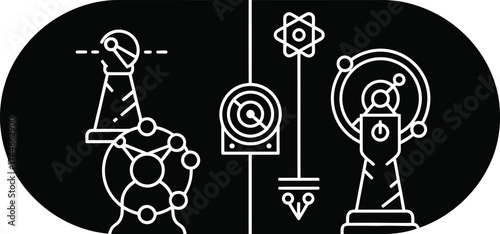Abstract line art illustration of scientific equipment and molecular structures on a black background