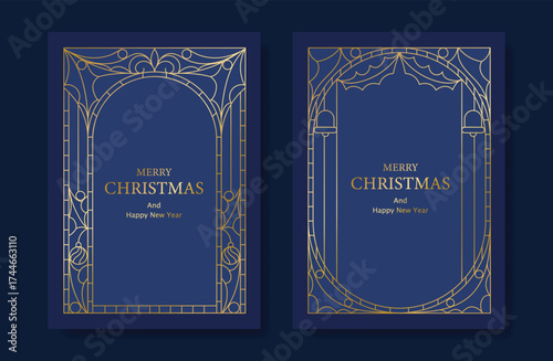 Christmas and Happy Holidays card vector set. Glasswork decorative, gothic stained glass and christmas ornament on navy blue background. Design illustration for poster, cover, product, ads.