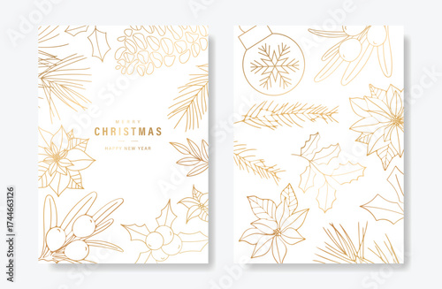 Christmas and Happy Holidays card vector set. Luxury gold holly leaf, pine cone, pine leaves, bauble ball on white background. Design illustration for poster, cover, product, ads.
