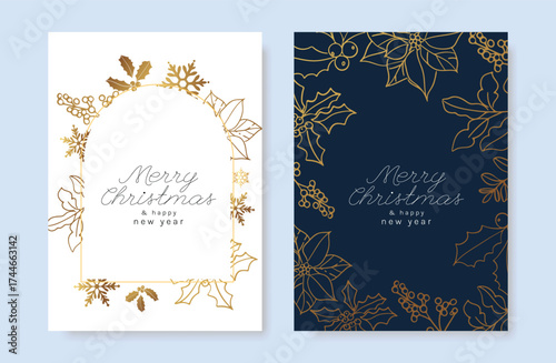 Christmas and Happy Holidays card vector set. Luxury gold holly leaf, pine leaves, snowflake on white and navy blue background. Design illustration for poster, cover, product, ads.