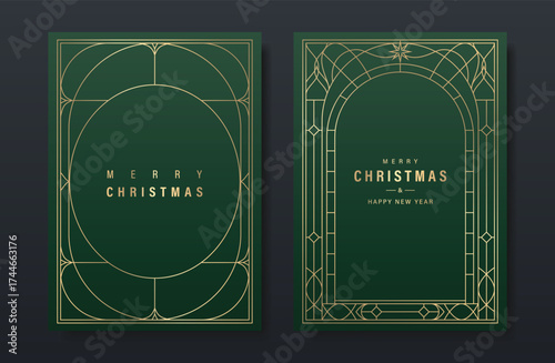 Christmas and Happy Holidays card vector set. Glasswork decorative, gothic stained glass on green background. Design illustration for poster, cover, product, ads.