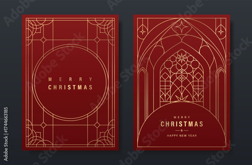 Christmas and Happy Holidays card vector set. Glasswork decorative, gothic stained glass on red background. Design illustration for poster, cover, product, ads.