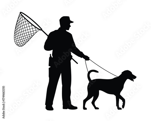 Black silhouette of animal control officer with dog and net leash