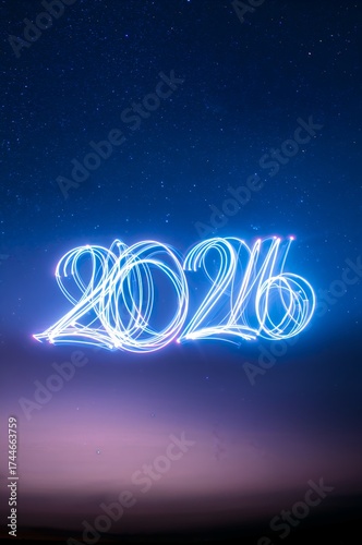 Illuminated 2026: Futuristic neon-light figures shimmering against the backdrop of a starry night, symbol of new year's vision and innovation.