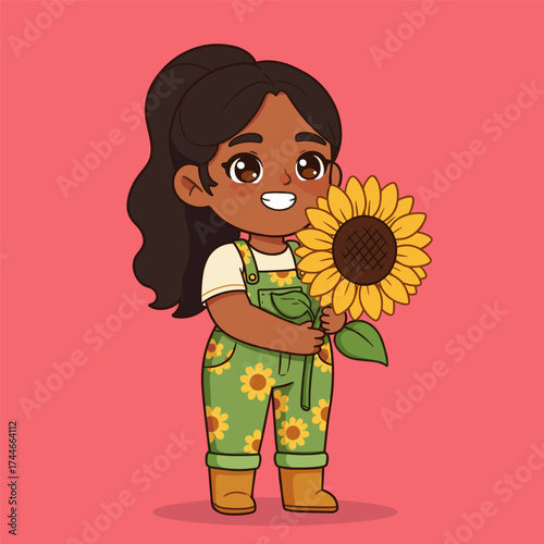 Cartoon child with ponytail holding a sunflower, wearing green overalls with sunflower patterns, cream shirt, and brown boots, smiling on pink background.