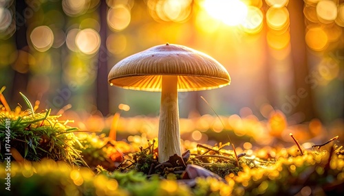 Mushroom in Forest With Bokeh Light Rays at Sunset