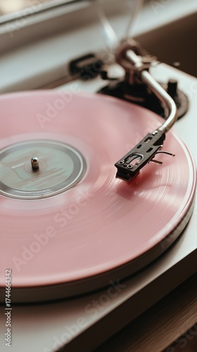 Close up shot of vinyl record on player