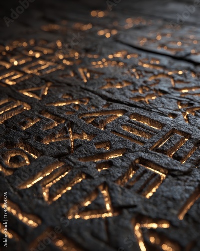 Ancient Engraved Symbols on Stone Surface with Golden Accents