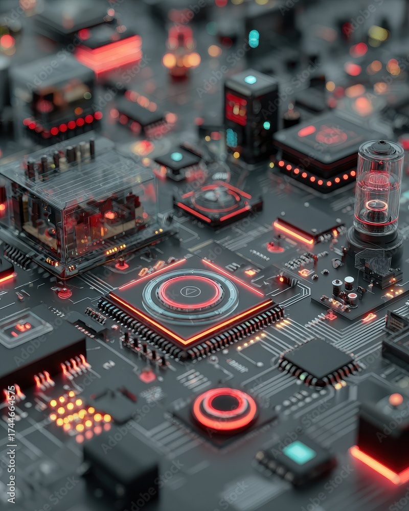Fototapeta premium Futuristic Circuit Board with Red Lights and Complex Technology Design