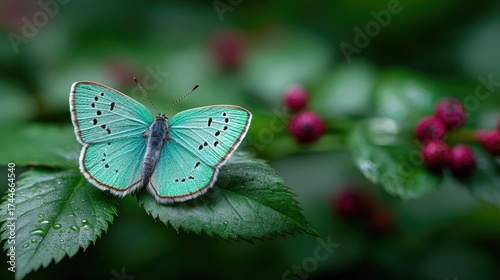 Macro Shot of Green Butterfly Resting on Leaf with Red Buds in a Garden with Bokeh Background