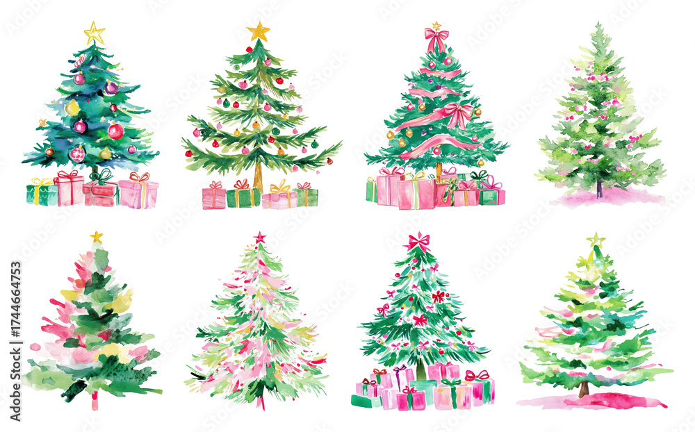 Obraz premium PNG Watercolor festive Christmas trees, element set on transparent background