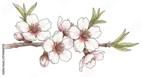 Fototapeta Naklejka Na Ścianę i Meble -  blooming almond tree with white and pink flowers and fresh green leaves.