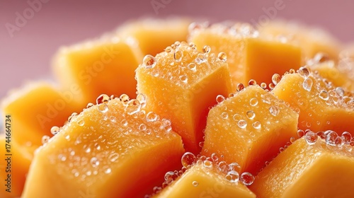 Macro Shot of Fresh Mango Cubes with Juicy Texture and Water Droplets in Cinematic HDR