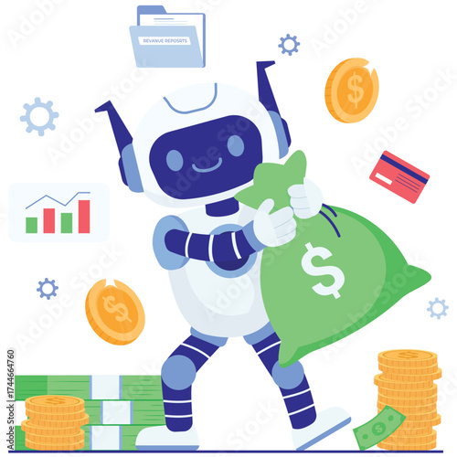 AI Finance Illustration. Vector illustration of Cheerful robot hugs a money bag among charts, cards, and cash, highlighting revenue growth, earnings, and smart cash management. Isolated on background