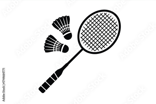 Black silhouette of badminton racket and shuttlecocks sport equipment