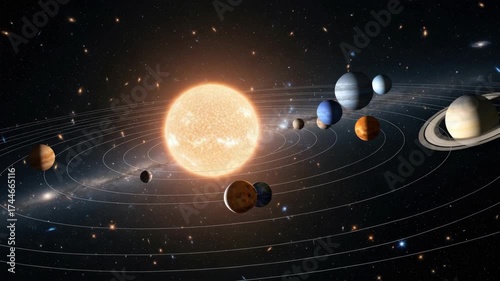 brilliant central star illuminates eight diverse planets including striking ringed giant orbiting along visible paths against deep star-filled cosmos with distant galaxies
