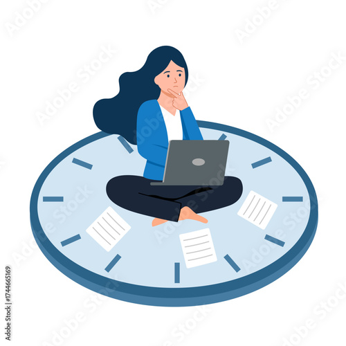 Woman sitting on clock, organizing time, planning tasks and scheduling. Concept of effective self-organization and control.