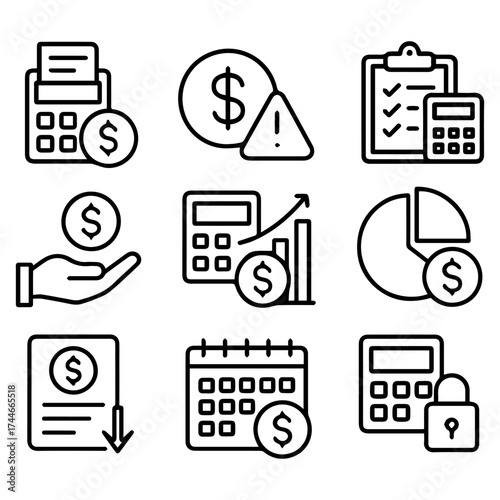 Financial Icons Set Calculator Dollar Coin Warning Clipboard Hand Calendar and Padlock.