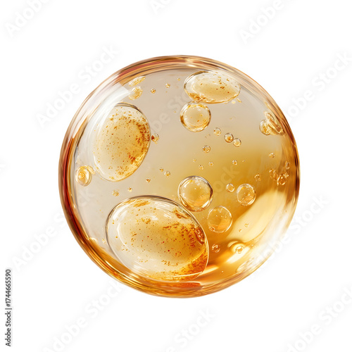 Macro of a golden cosmetic serum drop or oil bubble with particles. Abstract liquid sphere with air bubbles, isolated on a black background. 3D render.