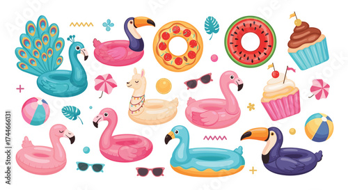 A playful collection of colorful inflatable pool toys featuring flamingos toucans peacocks and llamas.