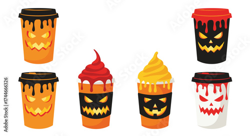 Halloween themed spooky drinks and coffee cups with jack o lantern faces and dripping toppings