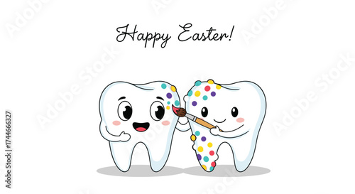 Cute teeth friends happily decorating each other for a cheerful Easter celebration.