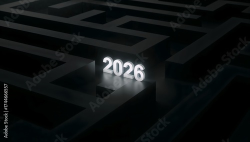 Navigating the Labyrinth of Time: A mysterious and intricate maze, illuminated by a glowing 2026 that represents a pivotal future date, evokes the challenge of the uncertain pathways ahead.