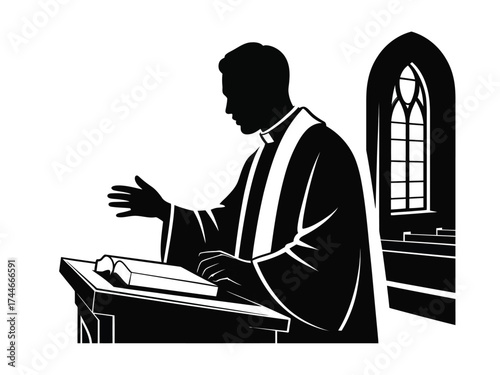Black silhouette of clergyman speaking at lectern in church vector