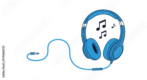 Blue headphones with a cord and musical notes floating around them.