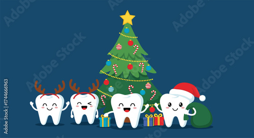 Happy cartoon teeth celebrate christmas holiday with gifts and a decorated tree.