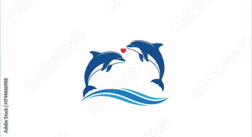 Two playful dolphins leaping over waves in a serene ocean scene.