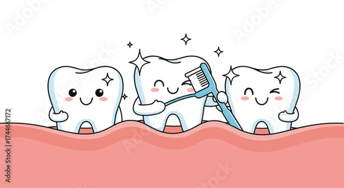 Healthy teeth smiling and sparkling while one gets brushed with a toothbrush.