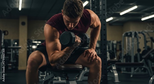 A focused muscular man performs a seated dumbbell curl on a gym bench, veins and sweat visible, under moody overhead lighting with weight racks and machines blurred in the dim background. Focused grit