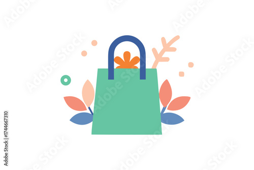 Whimsical Shopping Bag Surrounded by Floral Elements, A Minimalist Illustration
