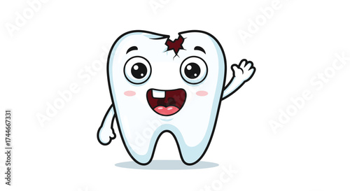A cheerful cartoon tooth with a cavity waves hello to the viewer.