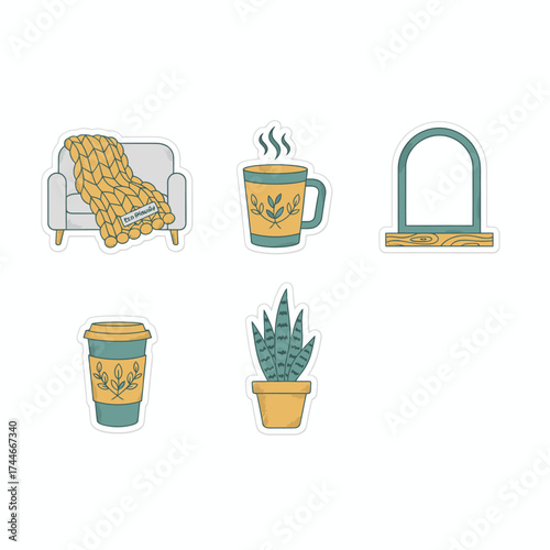 This charming vector illustration set depicts cozy home essentials: a comfy armchair, warm drinks, a window, and a potted plant, perfect for conveying comfort and calm.