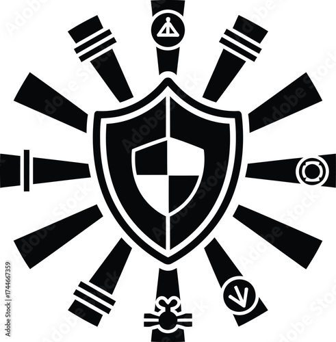 Black shield with radiating elements representing protection and security against various threats and challenges